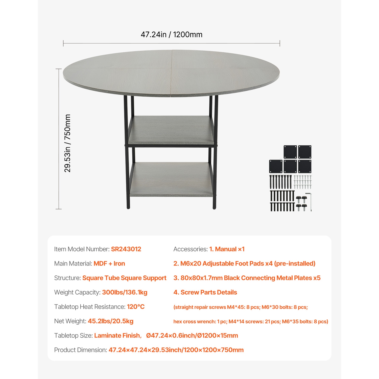 47 In Round Dining Table Wood Kitchen Table For 4-6 Person Grey (Only Table)_voghion.com